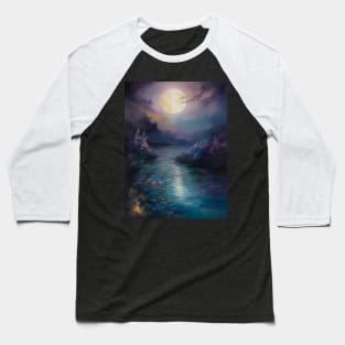 Moonlit Lake Surrounded by Blooming Trees and Mountain Baseball T-Shirt